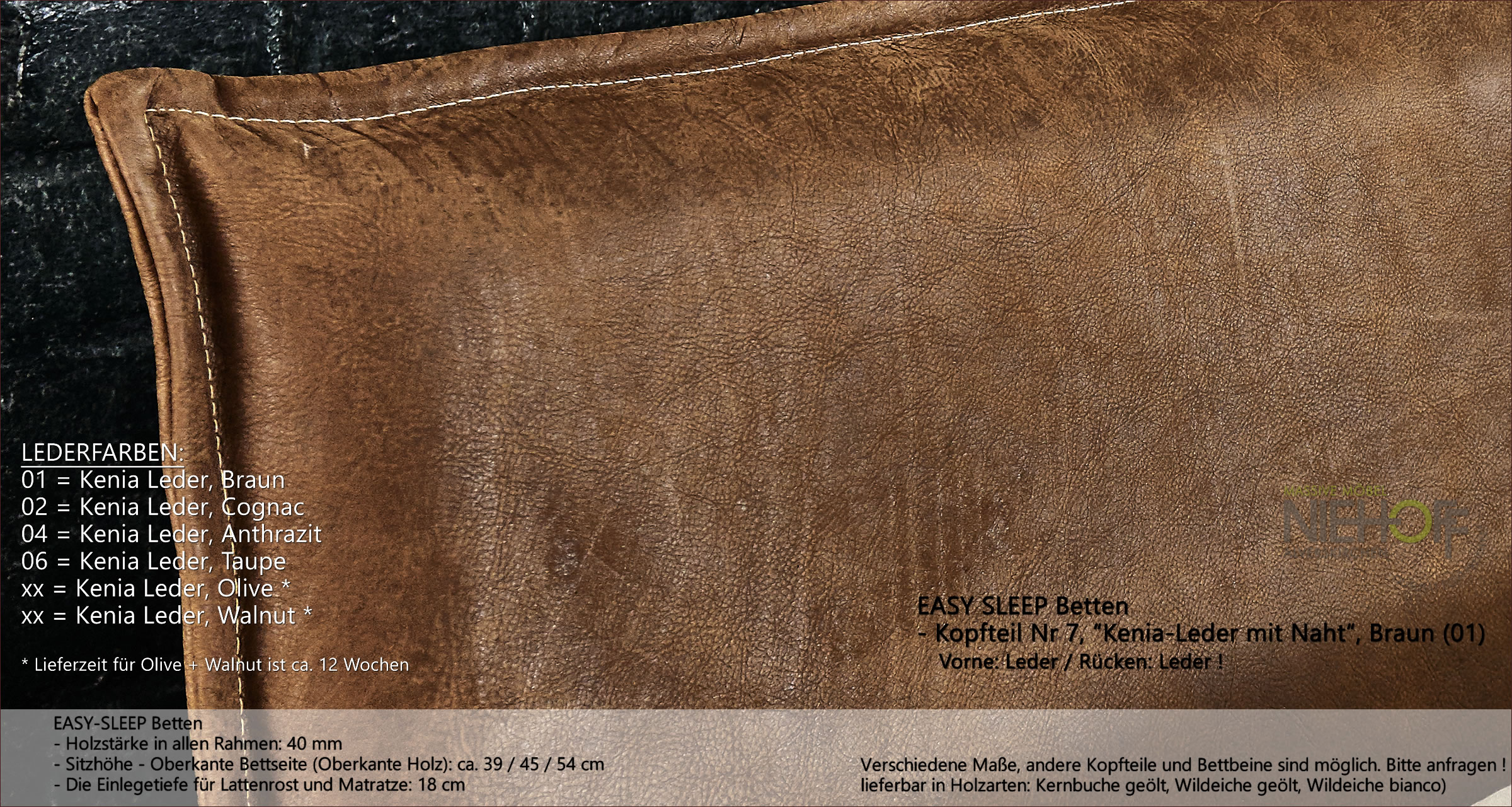 Massivholzbett Easy Sleep mit Kopfteil in Kenia-Leder Braun von Tjoernbo.  In Kernbuche, Wildeiche, Kiefer massiv. Wählen Sie: Ihre Holzart, Ihre  Bettbeine, Ihre Lederfarbe