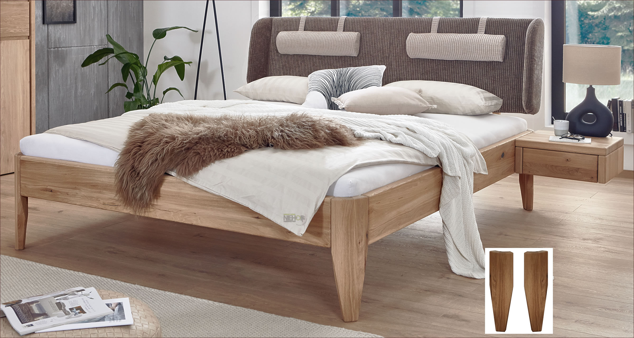 Doppelbetten aus Massivholz, modernes skandinavisches Design, Stoff-Kopfteil mit Hängekissen