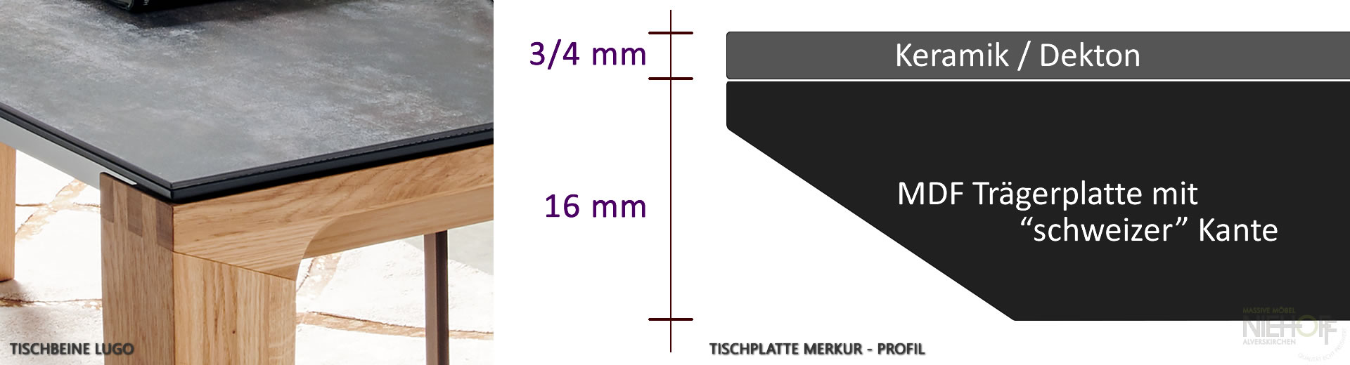 Profil der Tischplatte - Keramiktisch Merkur mit 2 Klappeinlagen