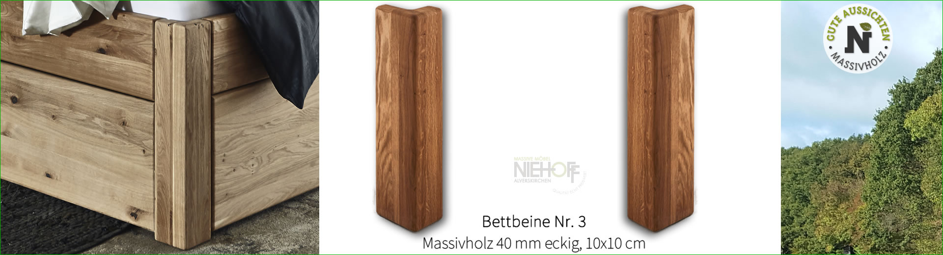 Bettbeine Nr. 3, Massivholz 40 mm eckig 10x10 cm, Höhe 54 cm